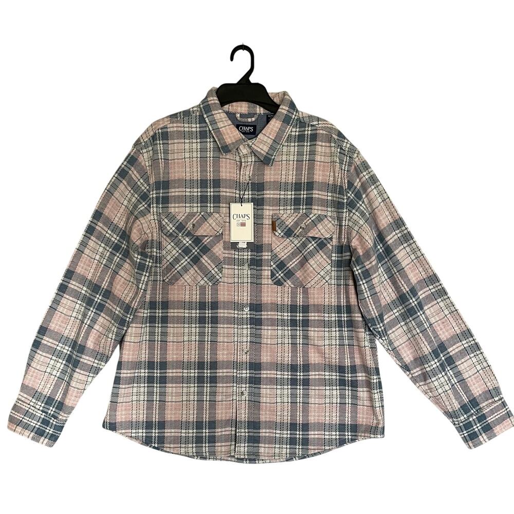 🔥NWT Chaps Lakeland Flannel Men’s Shirt - Pastel Pink/Navy Plaid - Size XL🔥